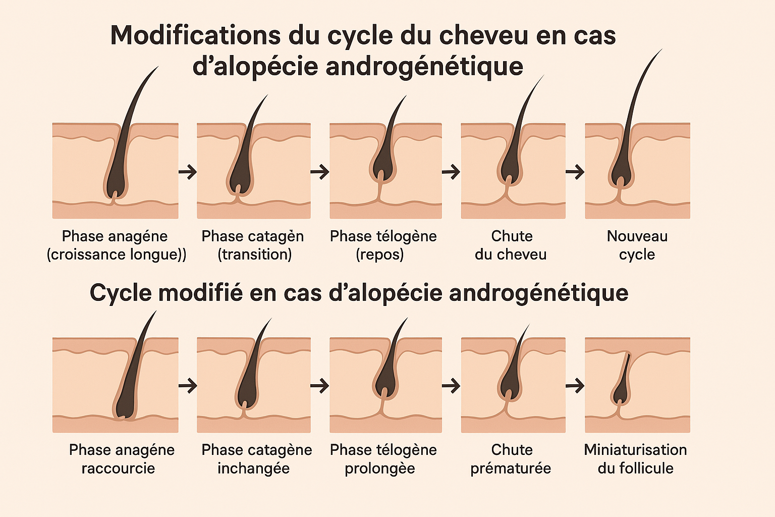 Schéma montrant les modifications des phases de croissance dans l'alopécie androgénétique