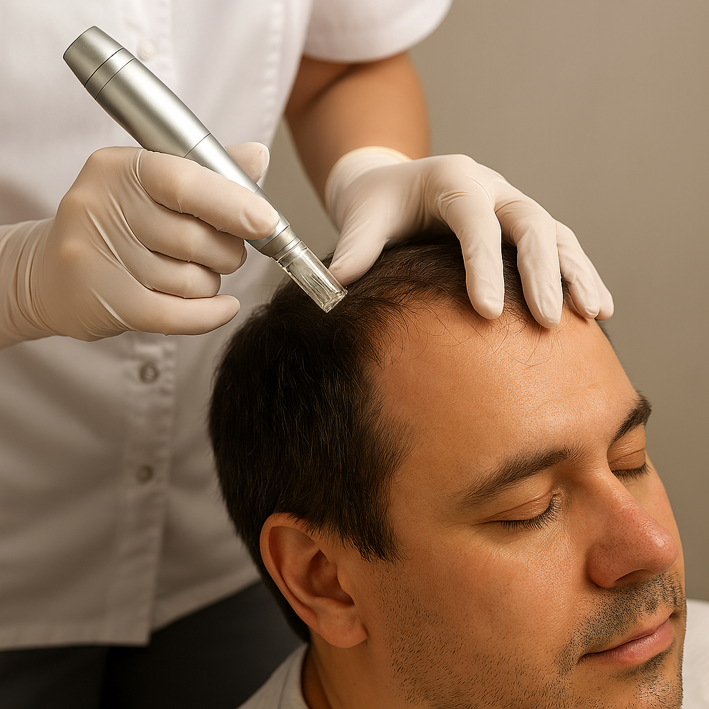 image d'un crâne d'homme et d'un autres personnage qui réalise un micro needling